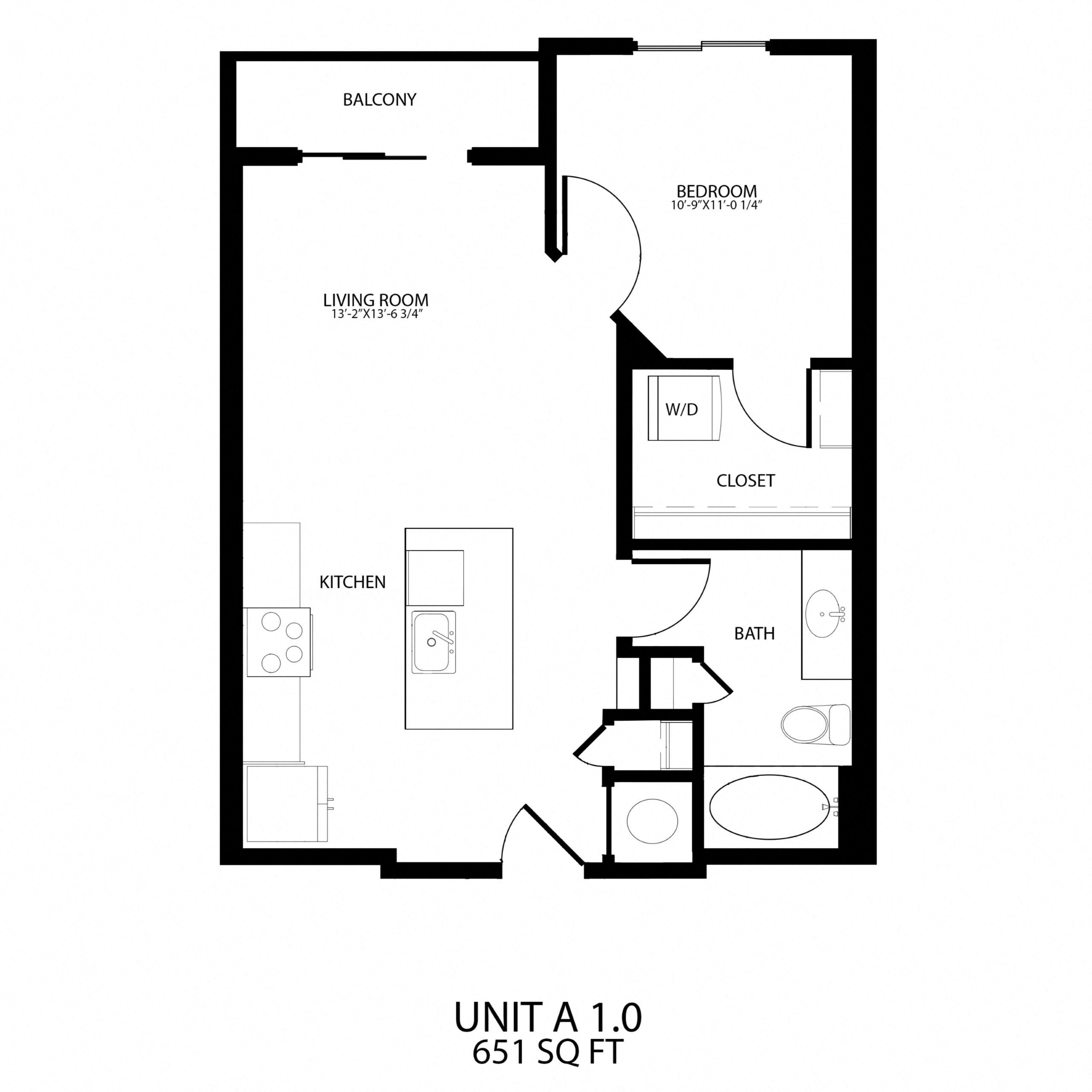 Floor plan for 1 bed, 1 bath, 651 sqft